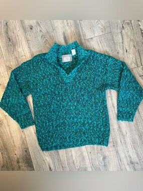 Vintage Chunky Teal Multi Colored Thread Collared Long Sleeve Sweater- Size M